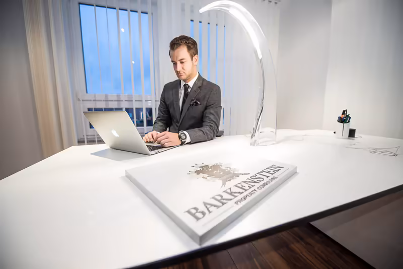 Geschäftsmann am Schreibtisch arbeitet am Laptop, modernes helles Büro mit Tageslicht und LED-Leuchte
