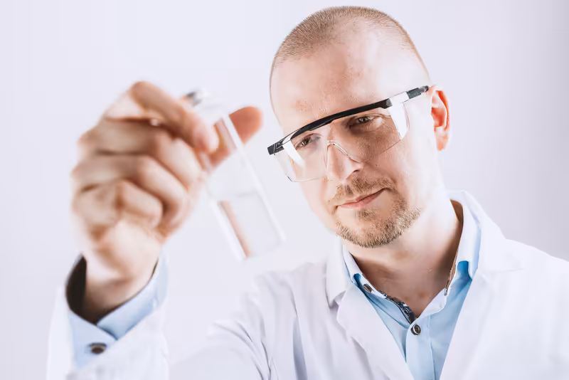 Mann im Laborkittel mit Schutzbrille hält Reagenzglas in die Kamera, konzentrierter Blick