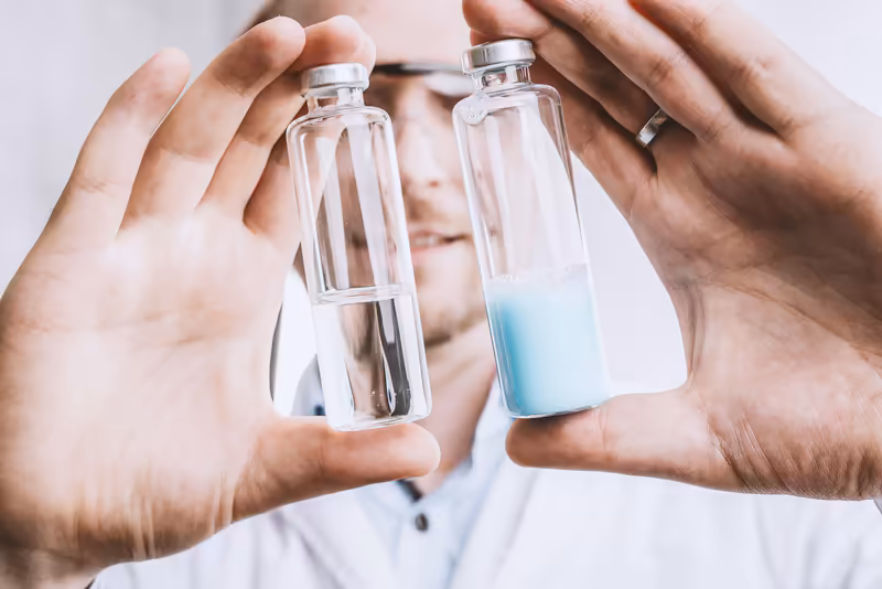 Zwei Hände halten Glasflaschen mit klarer und blauer Flüssigkeit, Business-Kontext